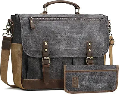 Wogarl 2PCS Mens Messenger Bag 15.6 Inch Genuine Leather Satchel