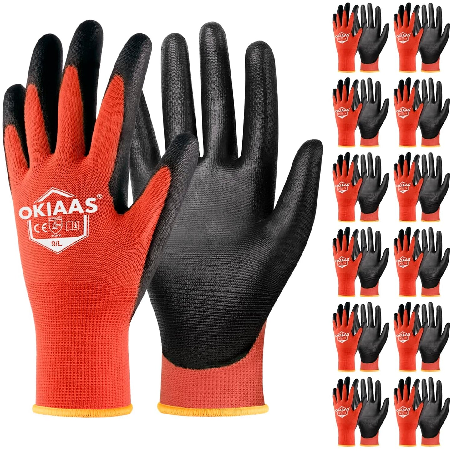 OKIAAS Lightweight Red Grip Gloves - 12 Pairs for Light Work