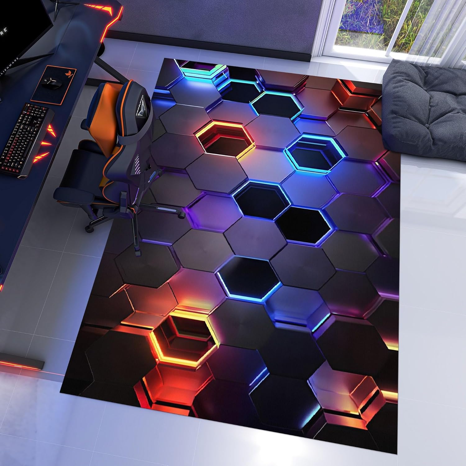 Vivid 3D Hex Neon Rug: Game On!