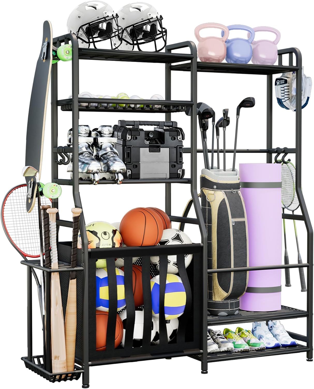 Garage Sports Equipment Organizer for Golf Bags and Balls