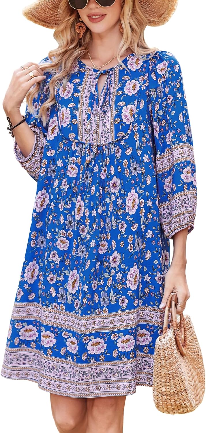 Bluetime Women Casual Summer Dress Boho V Neck Floral Print