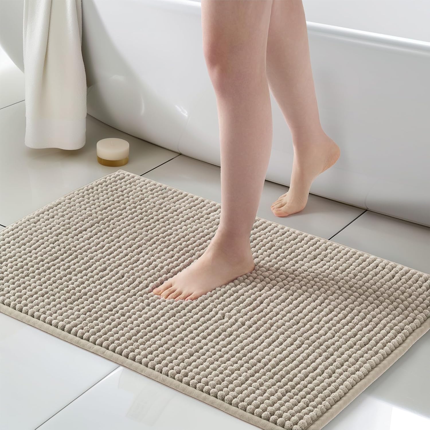Thick Chunky Chenille Bath Rugs - Soft Non Slip Bathroom Mat