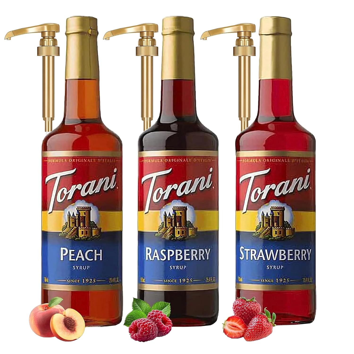 Raspberry Strawberry Peach Syrup Trio with Pump Dispensers