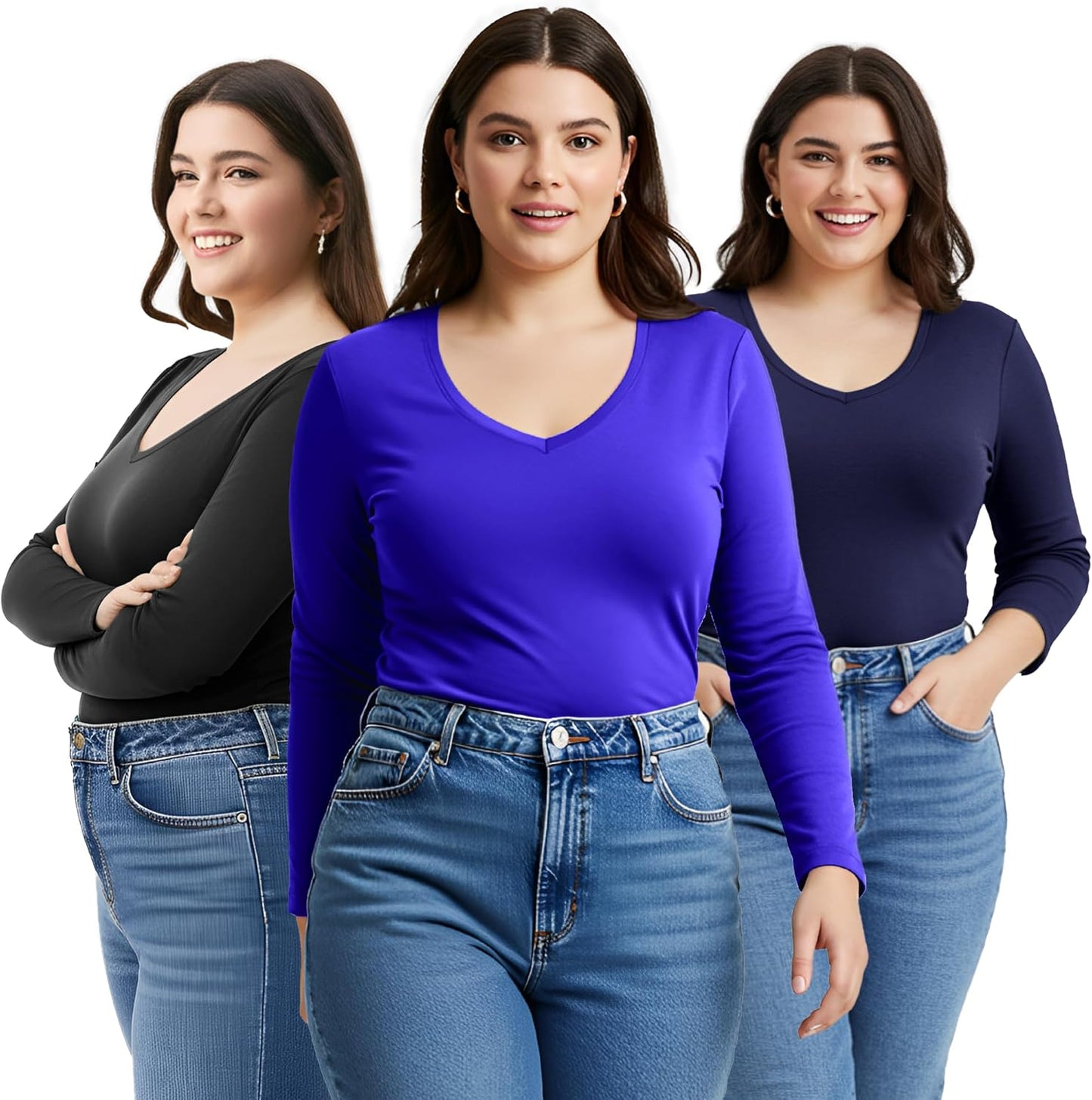 Emmalise Women's Junior Plus Size Vneck Long Sleeve Tee Shirt