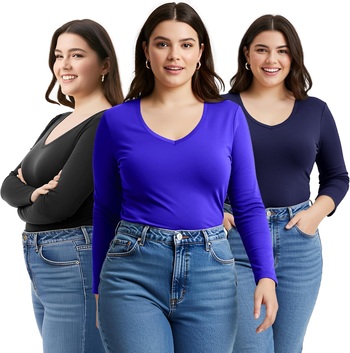 Emmalise Women's Junior Plus Size Vneck Long Sleeve Tee Shirt