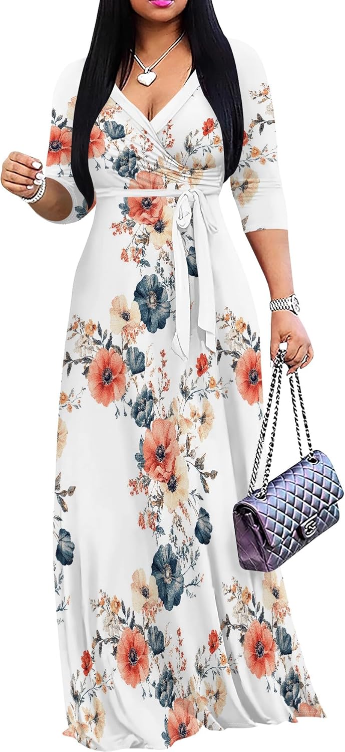 Plus Size Maxi Dresses for Women with 3/4 Sleeves and Belt