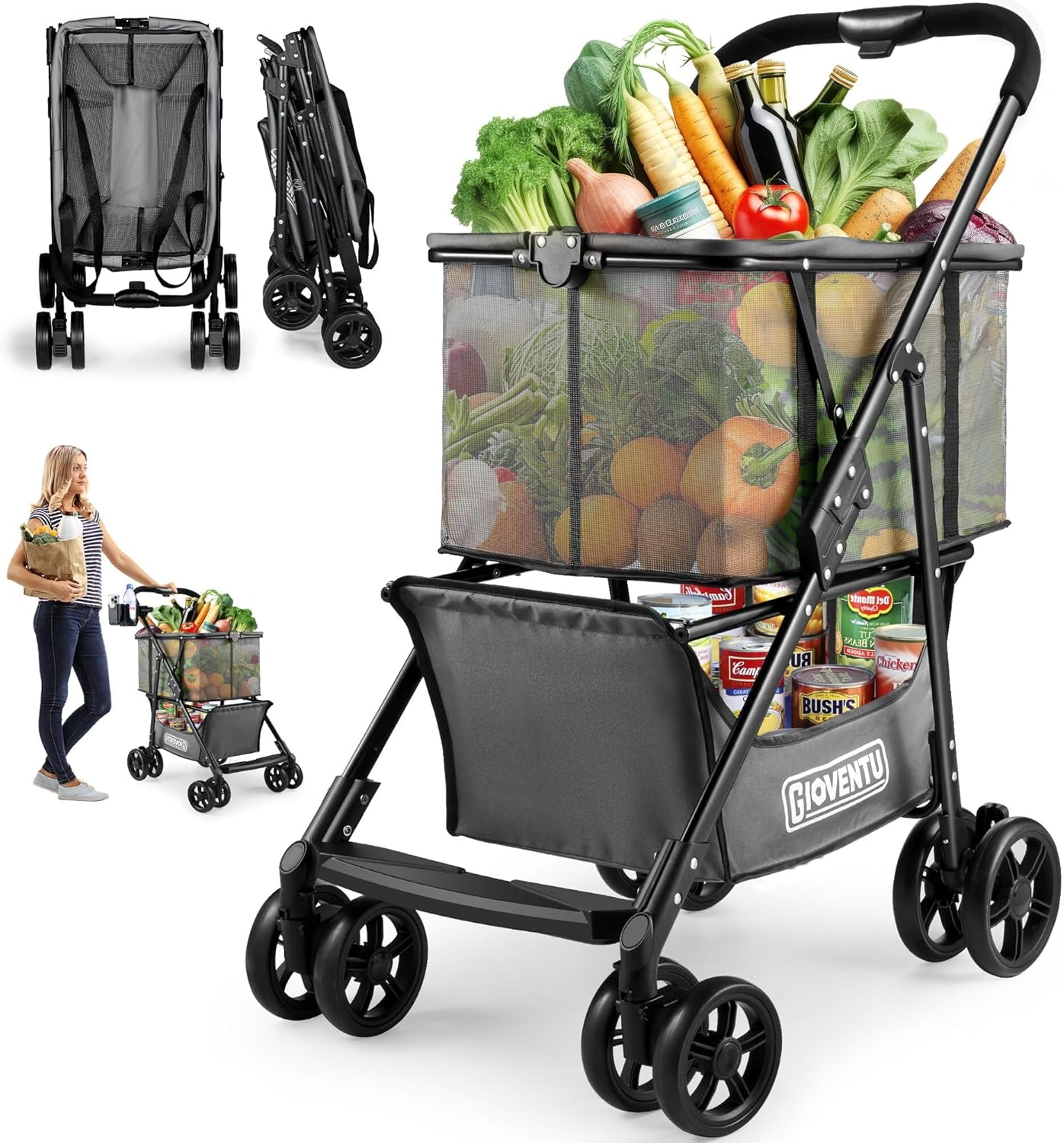 2025 Upgraded Folding Shopping Cart with Wheels for Groceries