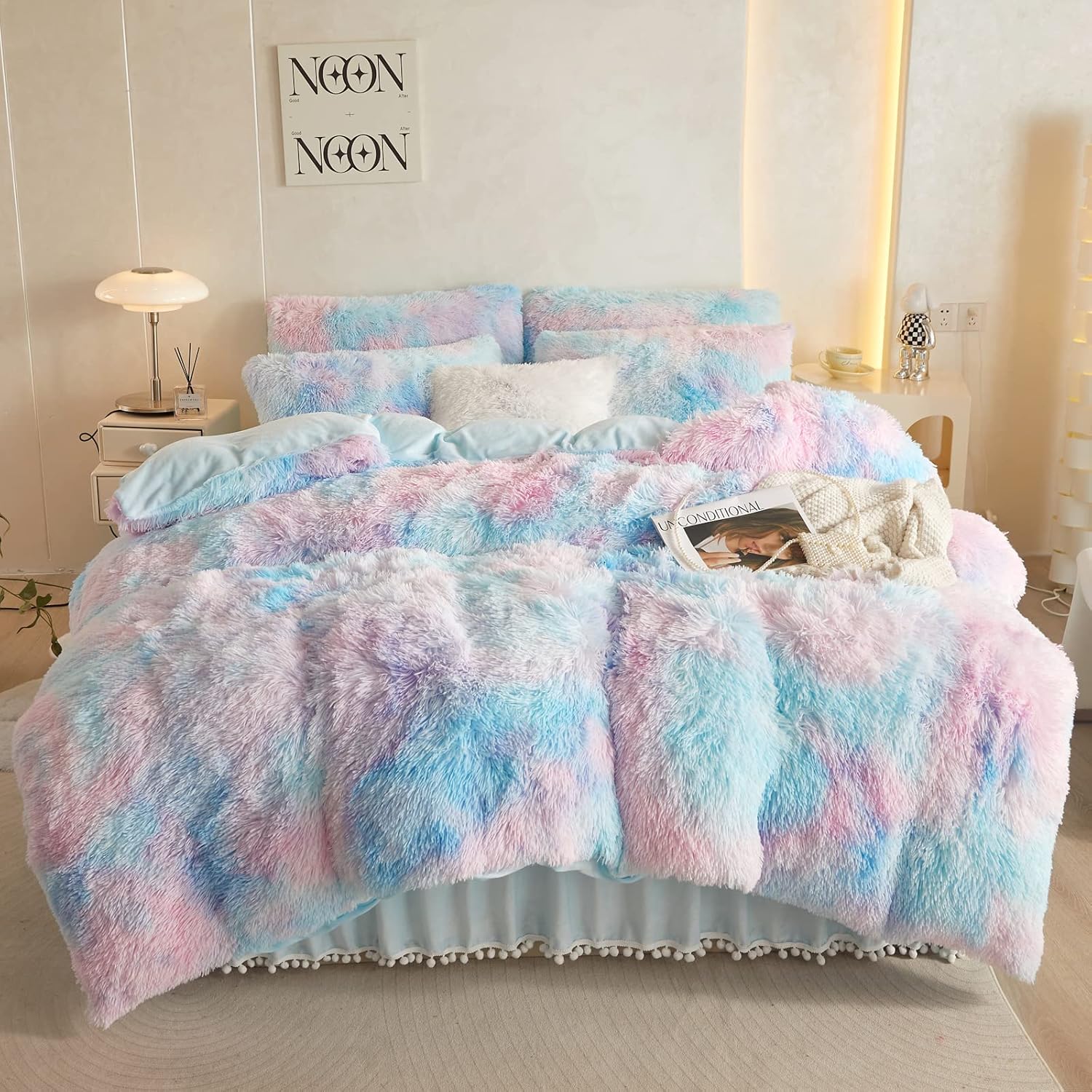 Furry Tie Dye Blue Comforter Cover Twin Set for Cozy Sleep