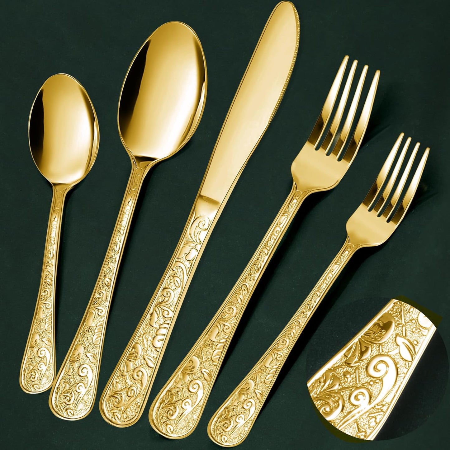 Meythway Vintage Carved Gold Silverware Set for 8 - 40 Pieces