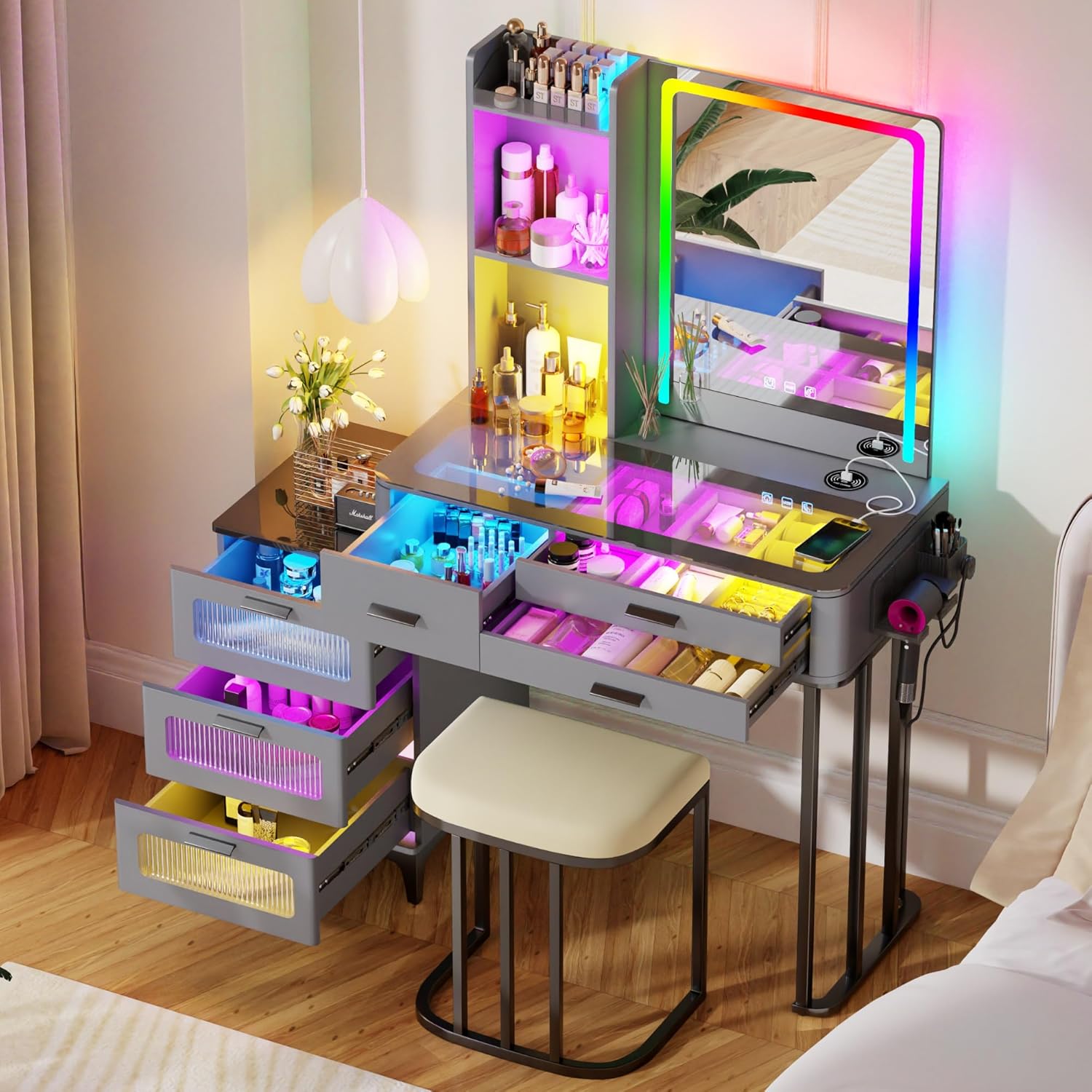 HNEBC Vanity with HD Glass Display and RGB Lights for Makeup