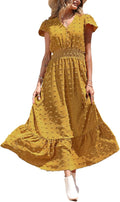 Womens Summer Maxi Dress V Neck Swiss Dot Ruffle Tiered - Flowy Fit