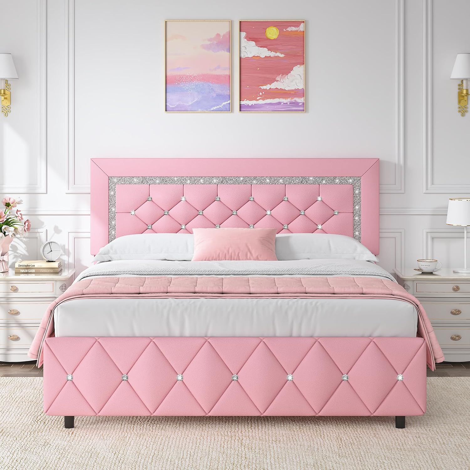 HOMBCK Full Size Bed Frame with Diamond Headboard for Elegance