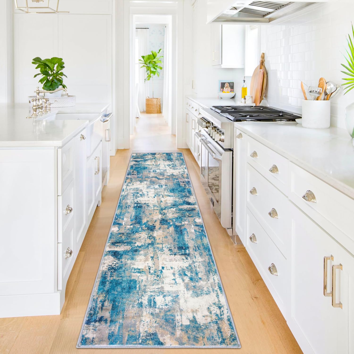 KOZYFLY Modern Abstract Rug Runner, 2x8, Blue, Non-Slip Design