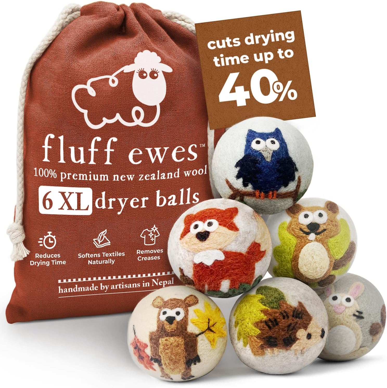 Fluff Ewes Wool Dryer Balls 6 Pack - XL Hedgehog Designs