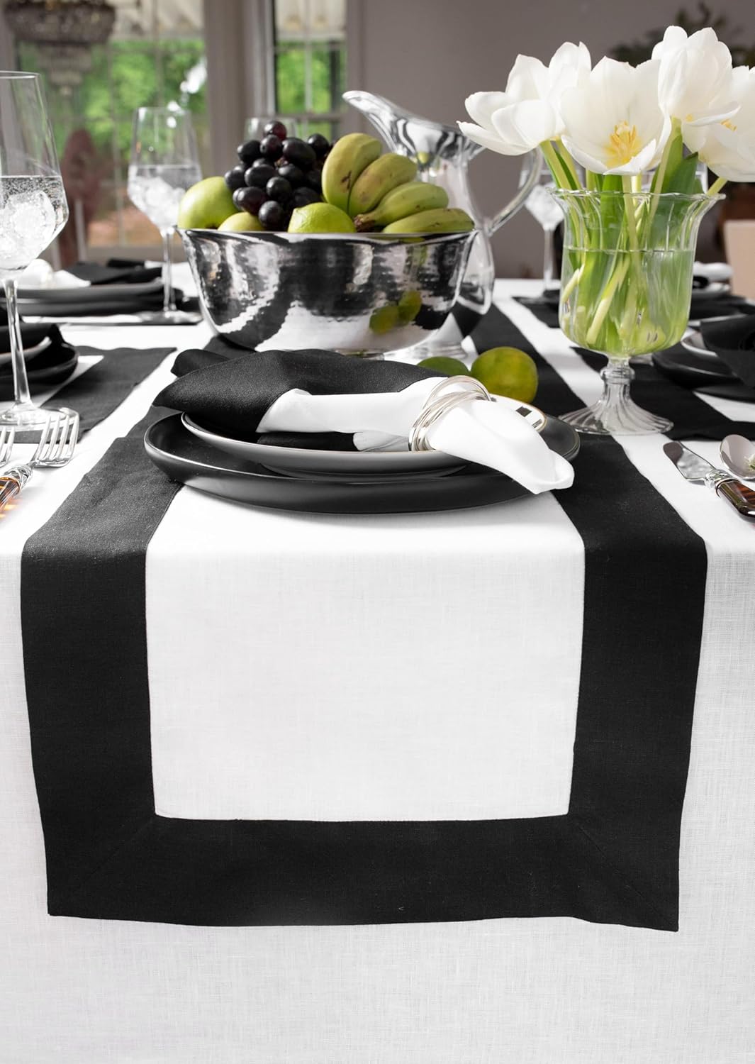 Elegant Black and White Linen Table Runner for Dining Decor