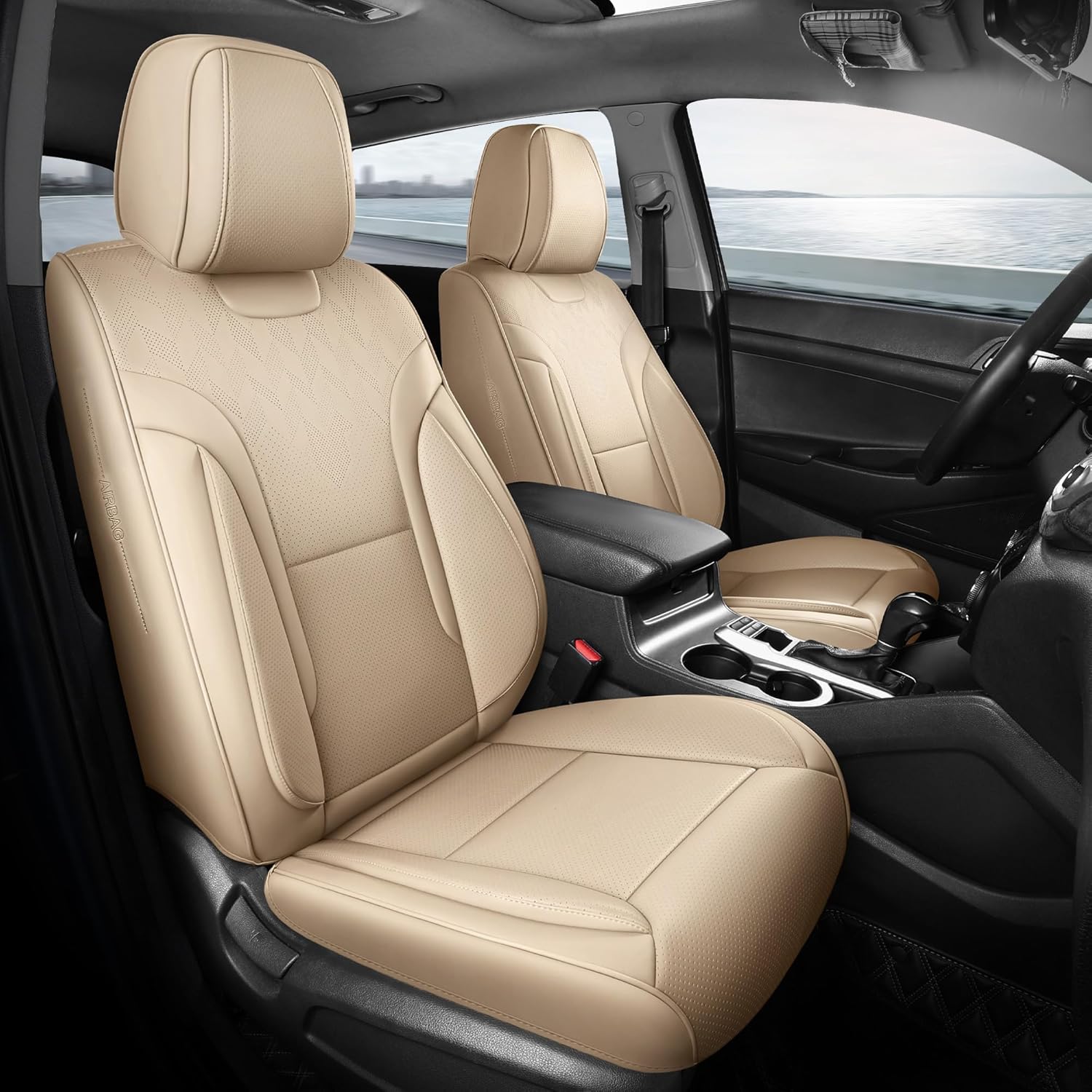 Beige Car Seat Covers Full Set - Breathable Faux Leather Comfort