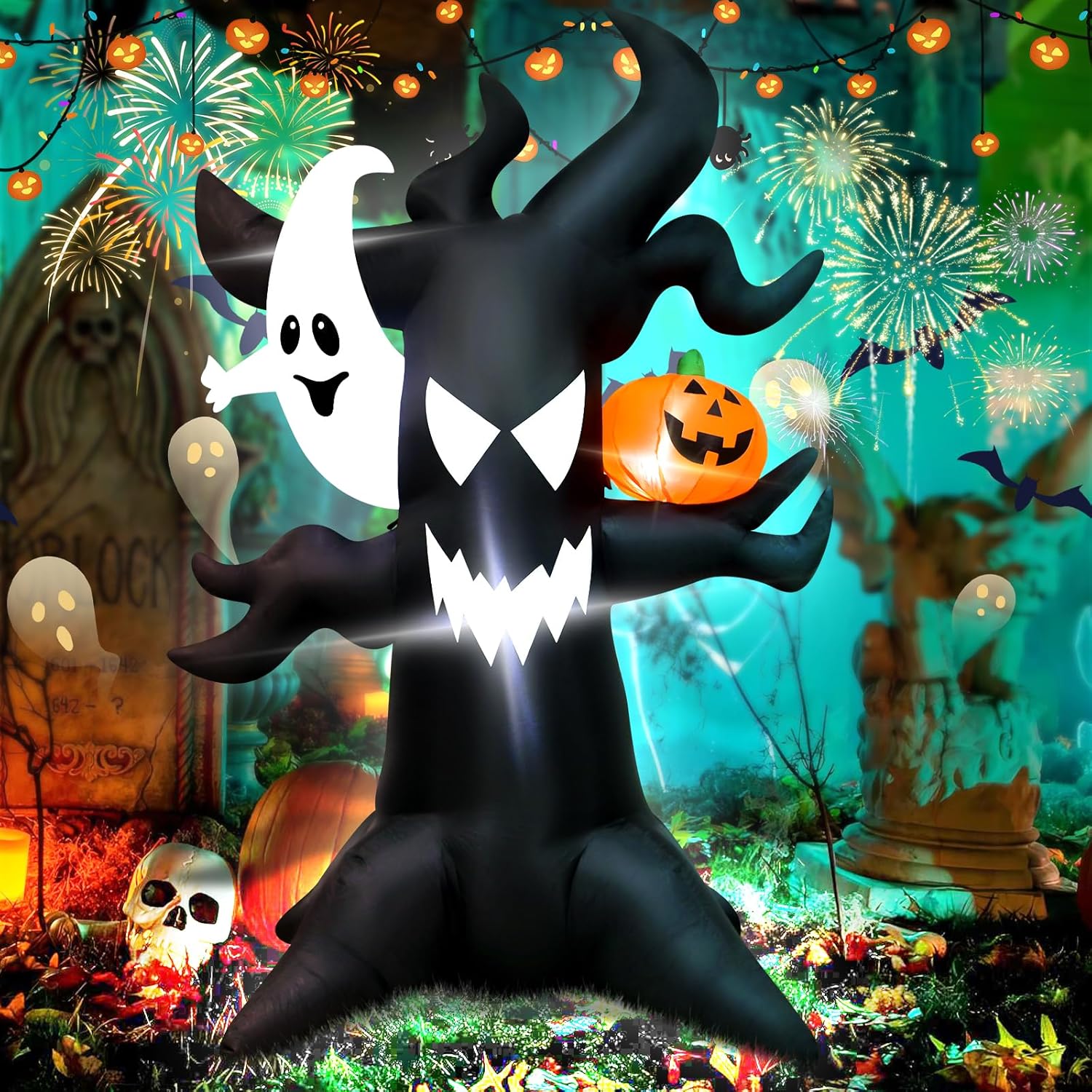 6FT Halloween Inflatable Haunted Tree with Glowing Ghost & Pumpkin