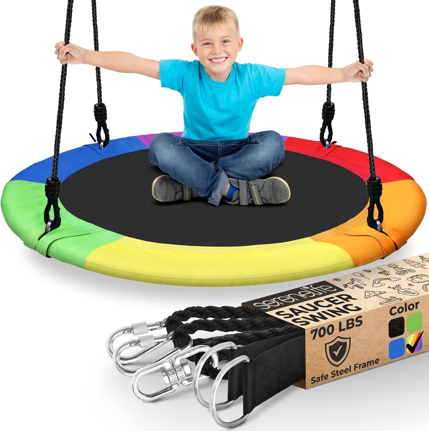 SereneLife Saucer Swing for Kids - 40 Inch Rainbow Outdoor Fun
