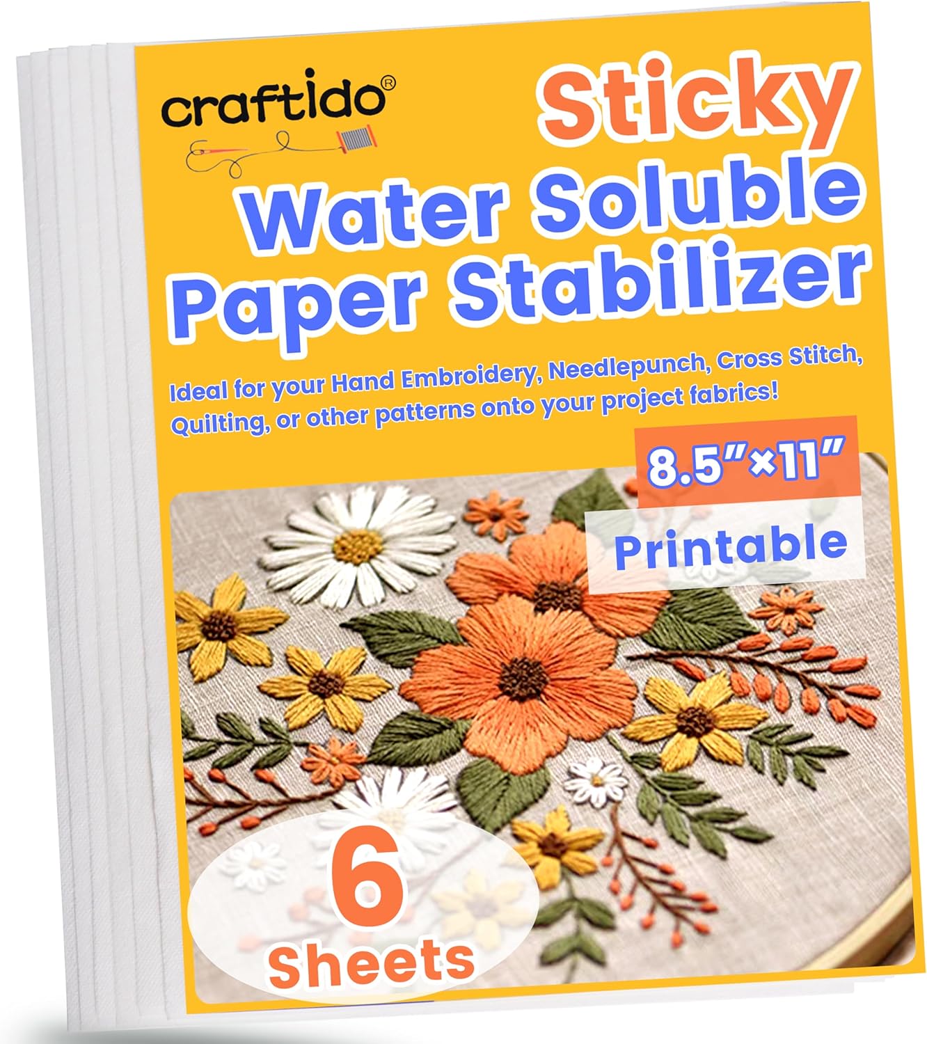 Craftido 6PCS Water Soluble Embroidery Stabilizer
