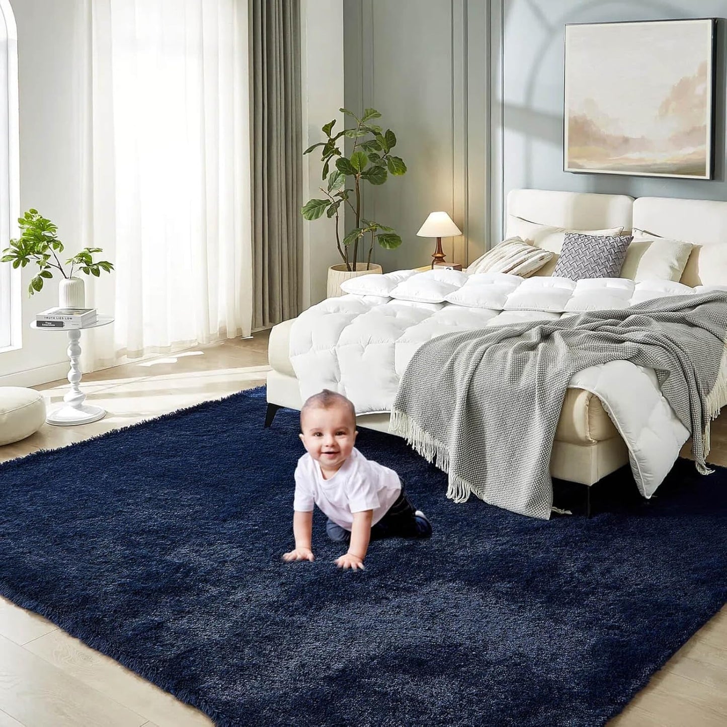 Floralux 8x10 Area Rug for Bedroom, Dark Blue Shaggy Carpet