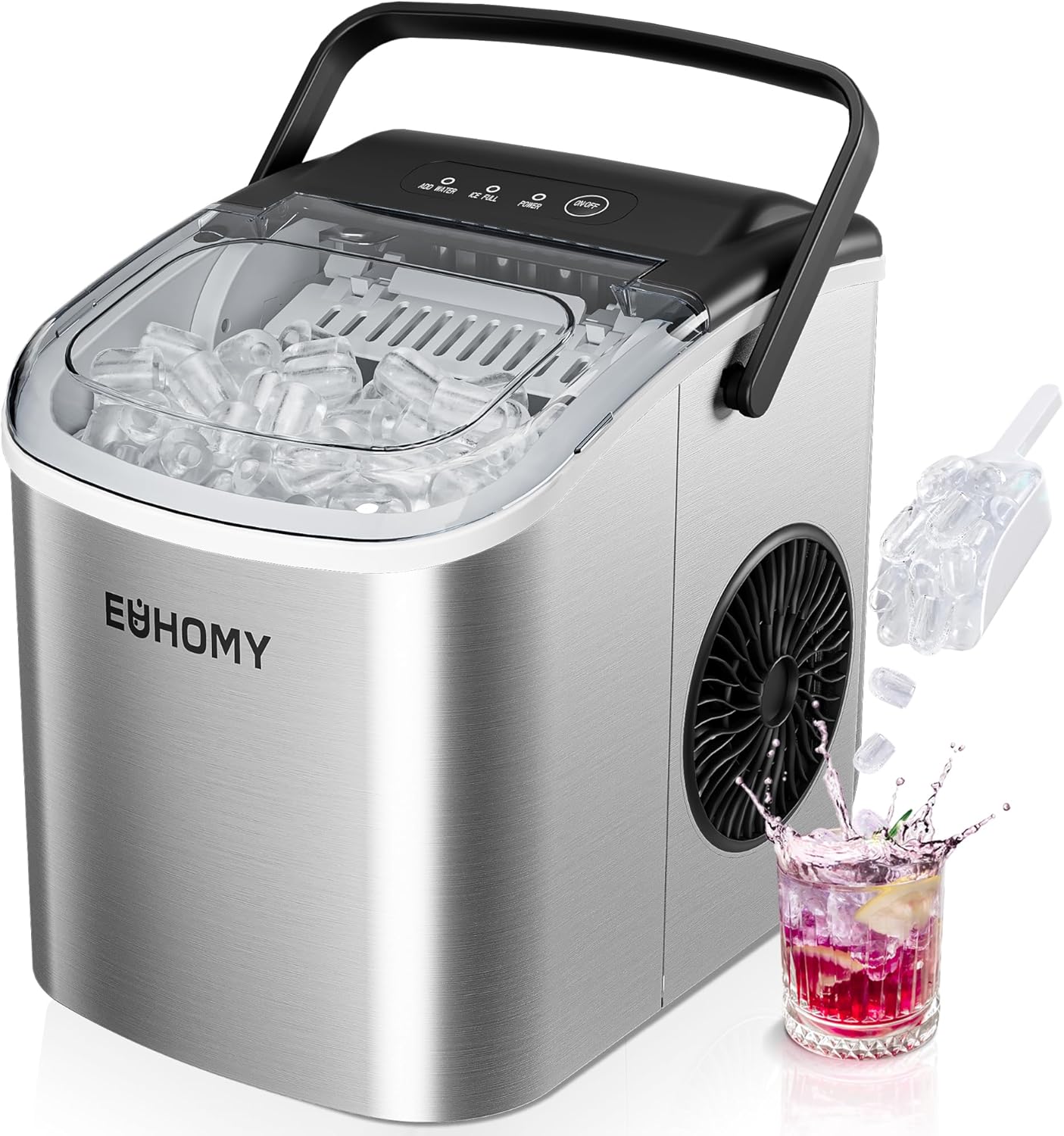 Efficient Ice Making: EUHOMY Portable 26lbs/Day Countertop Ice Maker