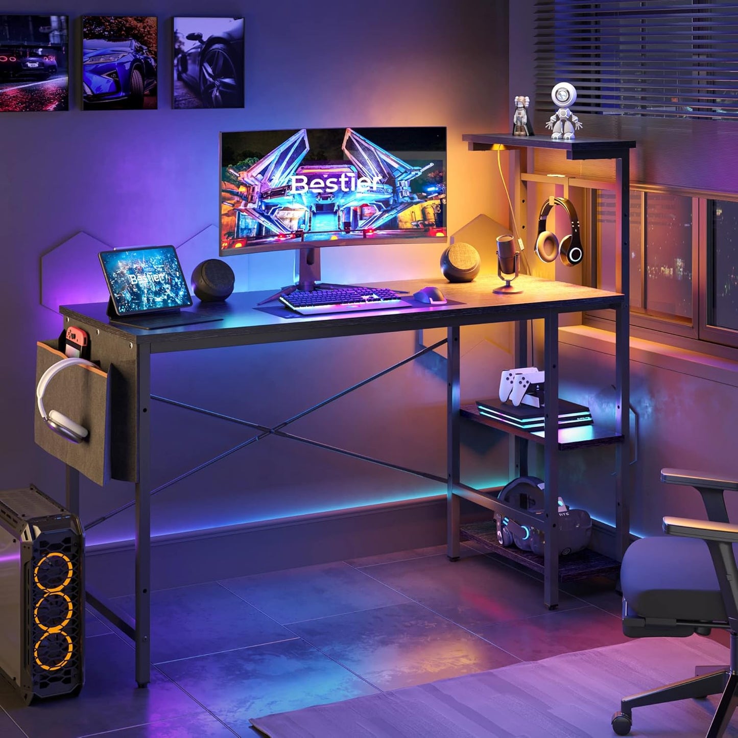 Bestier Gaming Desk with LED Lights and Adjustable Shelves