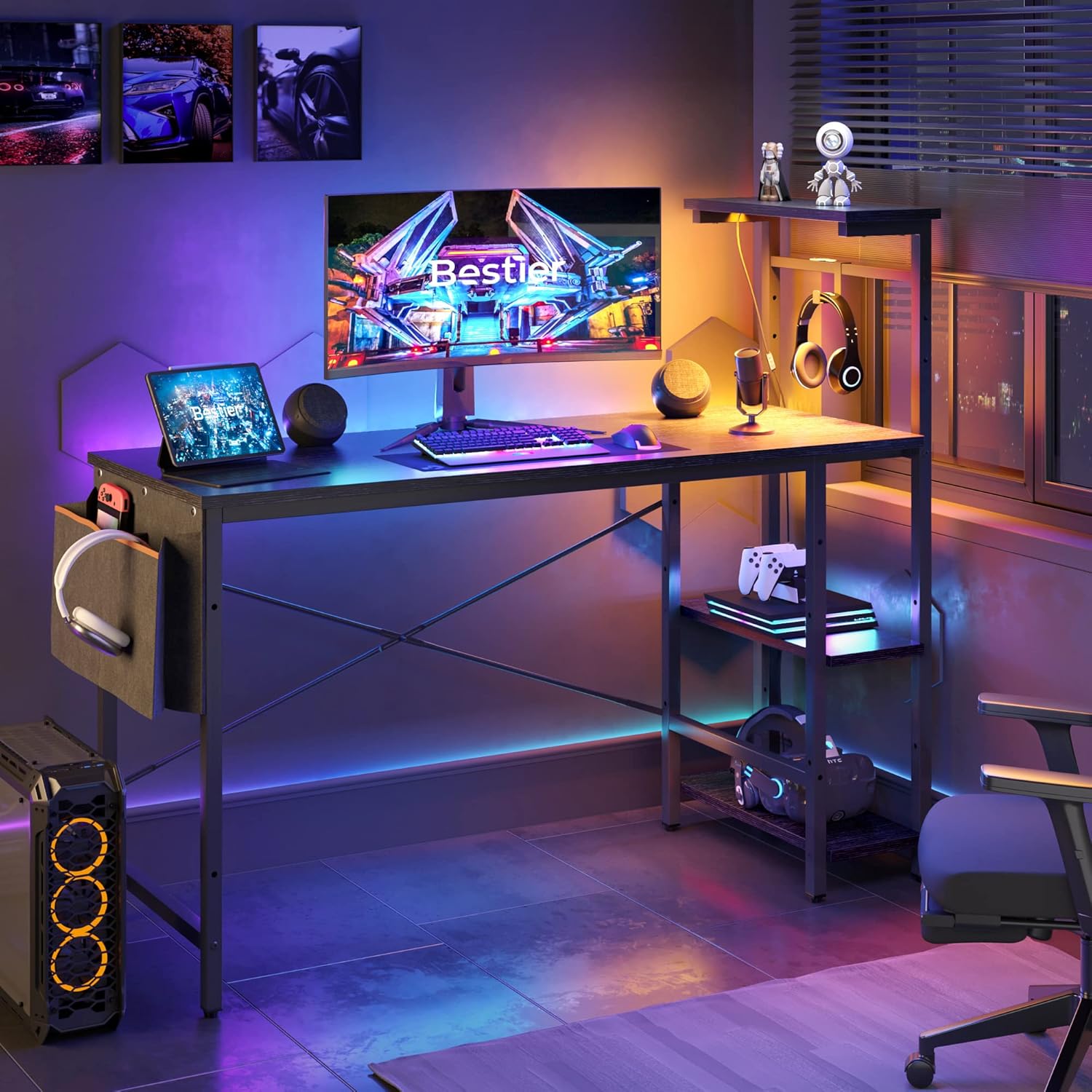 Bestier Gaming Desk with LED Lights and Adjustable Shelves