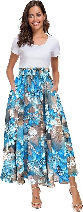 Afibi Women High Waist Floral Print Swing Chiffon Midi Skirt