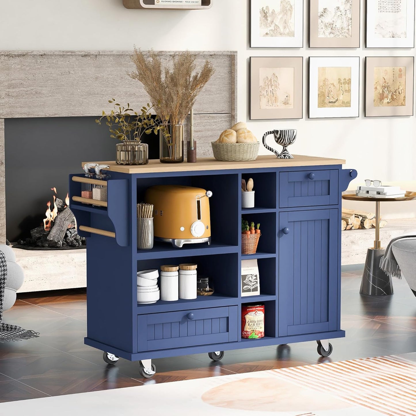 Portable Kitchen Cart | Solid Wood Top | Ample Storage | Dark Blue