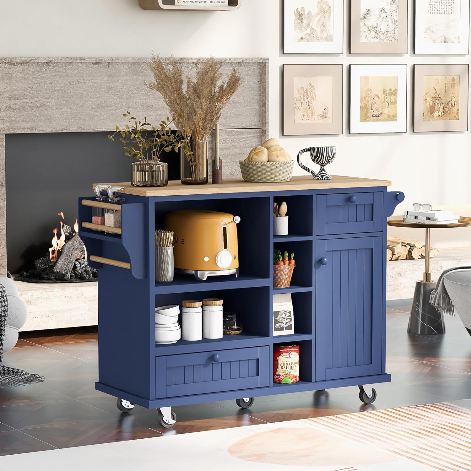 Portable Kitchen Cart | Solid Wood Top | Ample Storage | Dark Blue