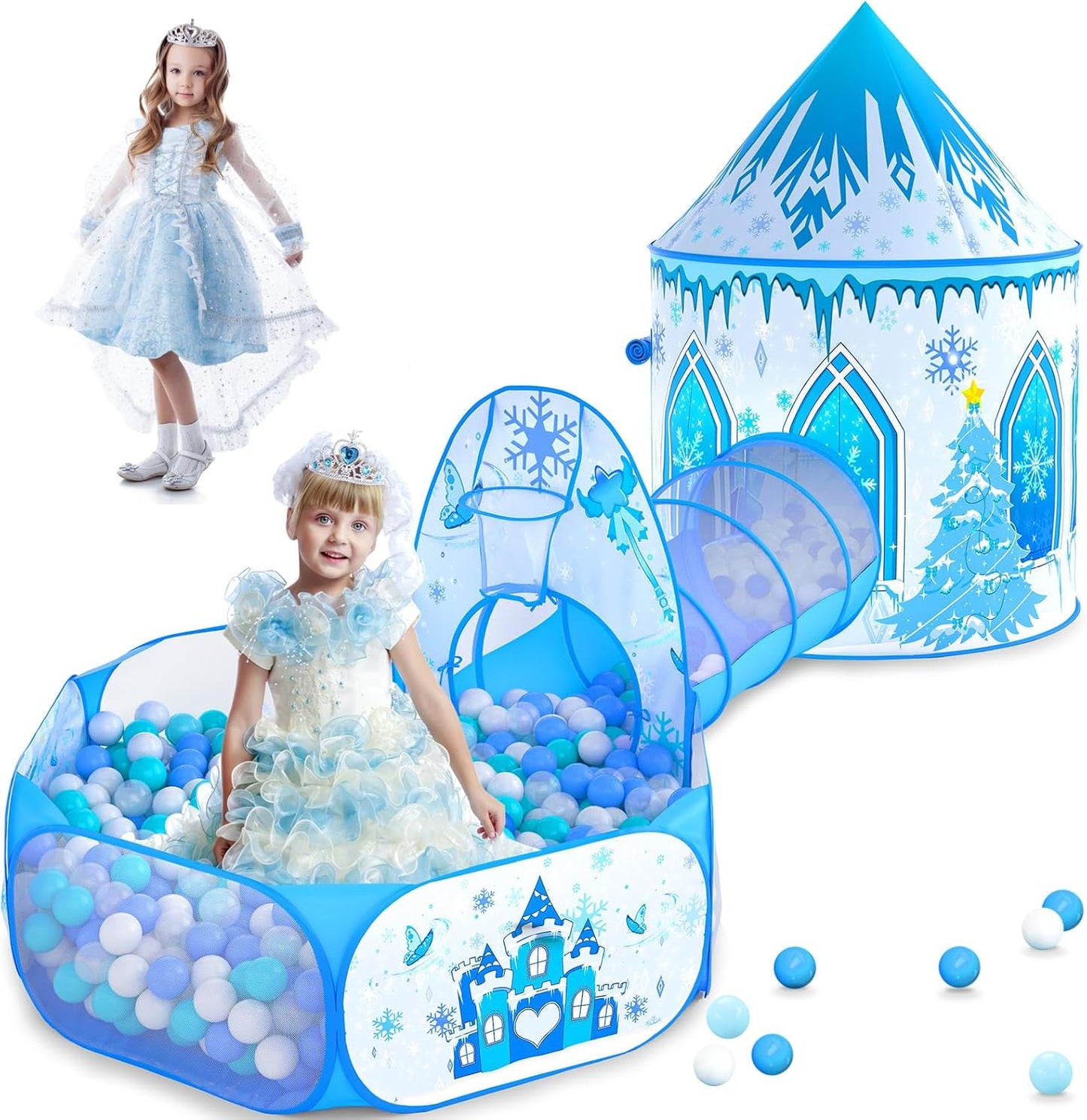 Girls Frozen 3-in-1 Play Tent: Ball Pit, Tunnel, Castle