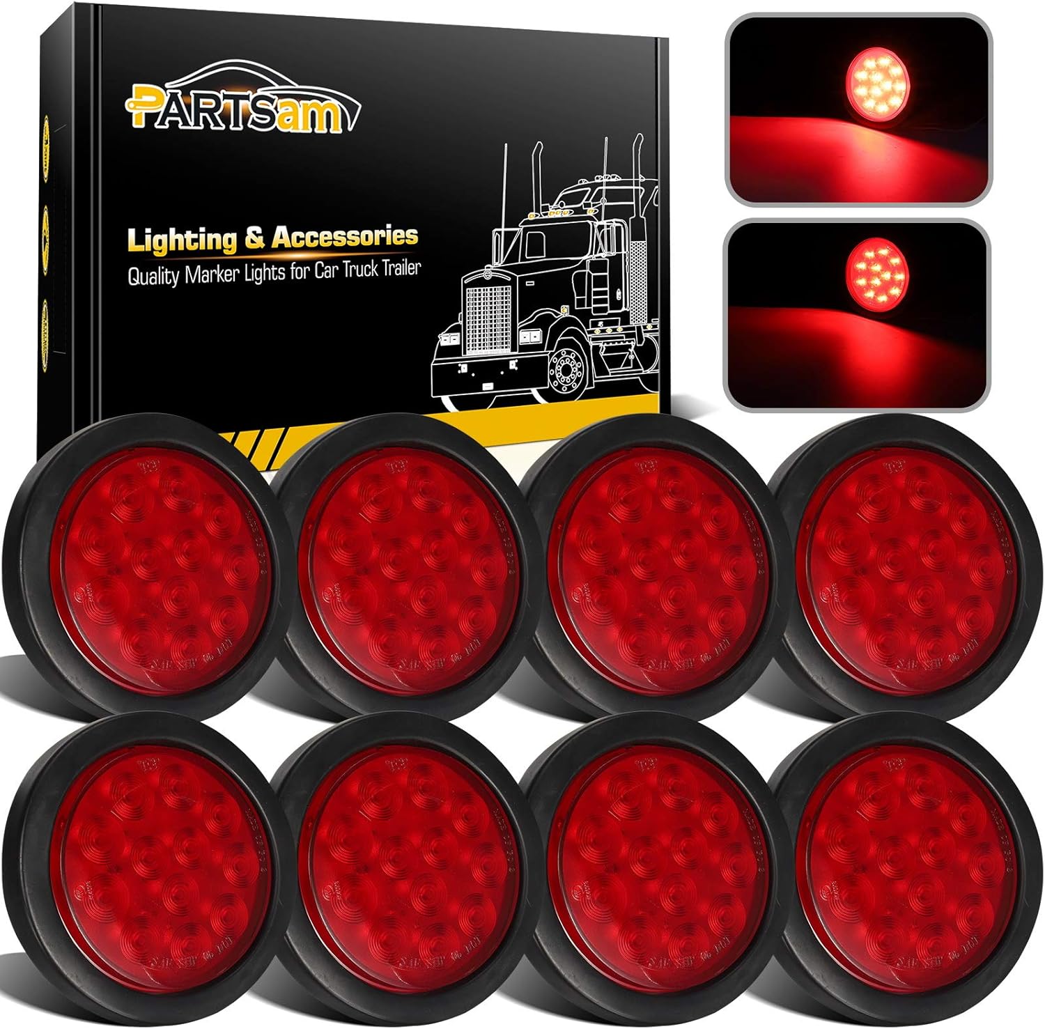 Partsam 8Pcs 4 Inch Round Red LED Trailer Tail Light Set
