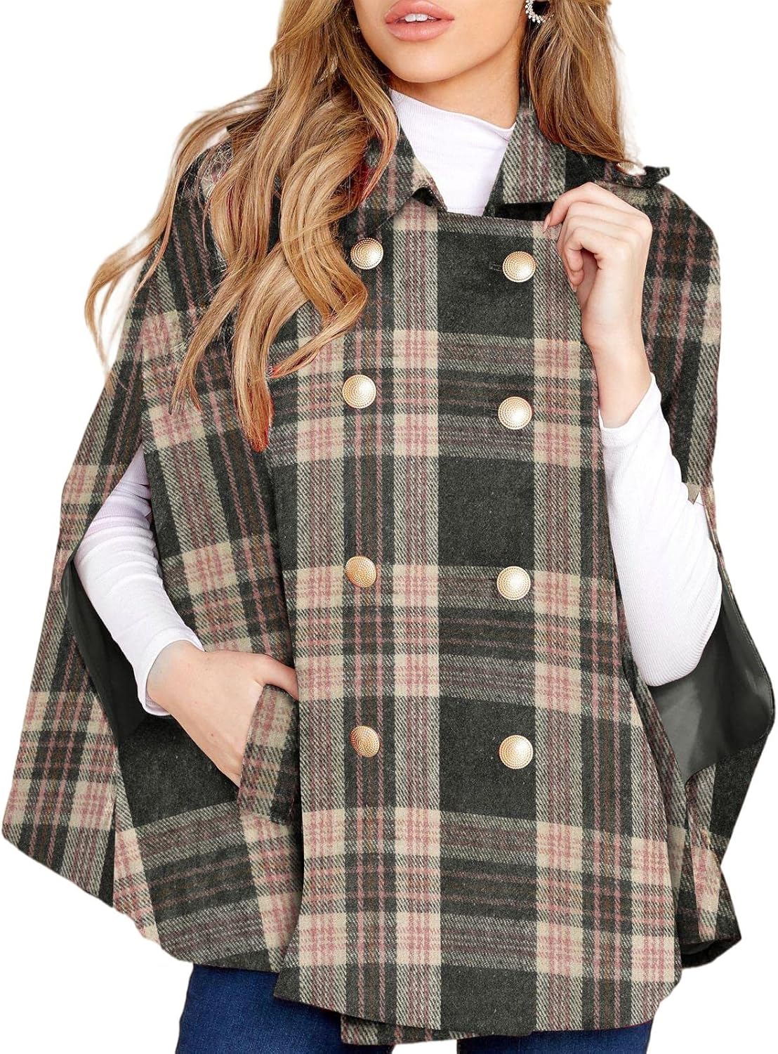 Womens Plaid Jacket Double Breasted Winter Cape Coats with Pockets