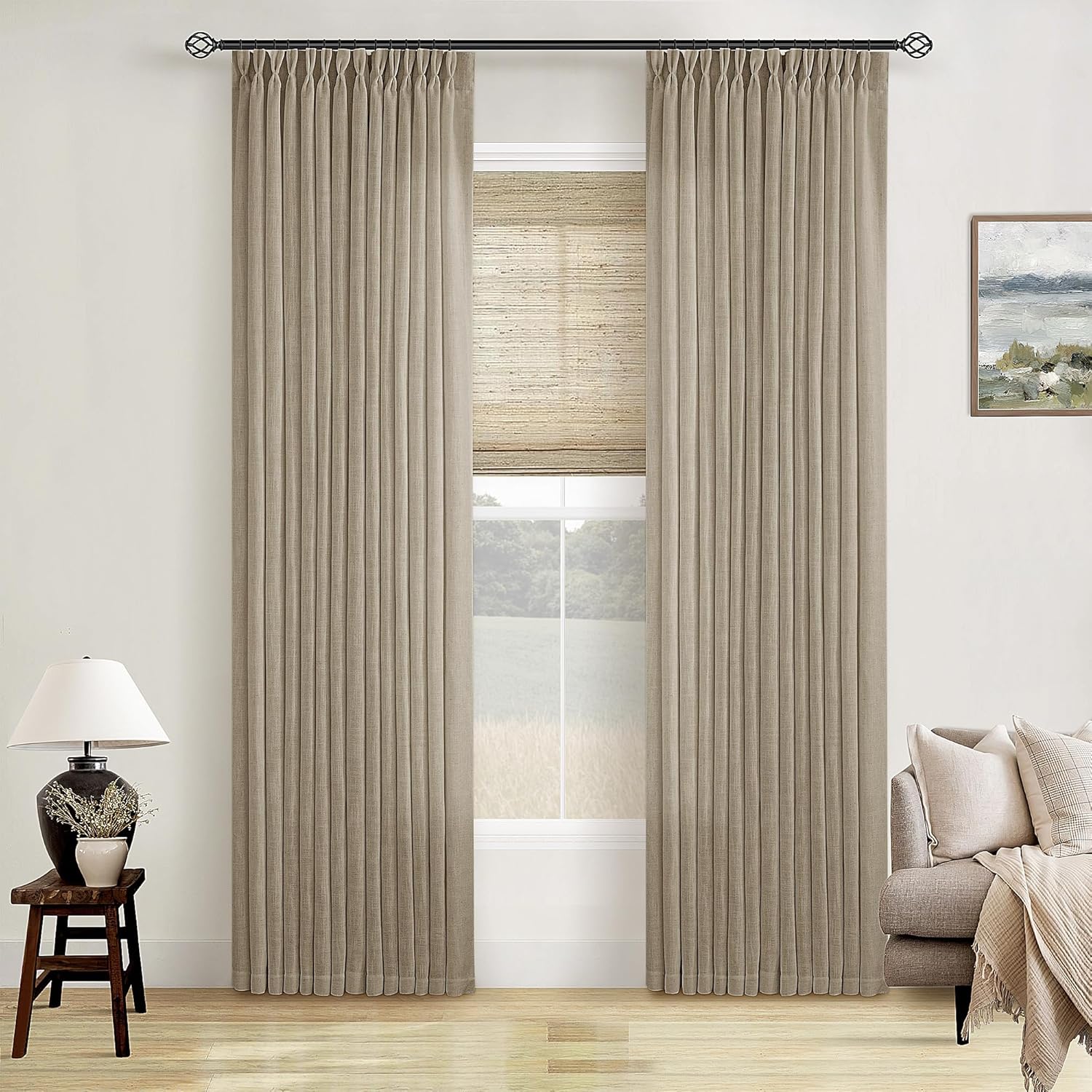 Greige 80 Inch Long Linen Curtains for Living Room Elegance