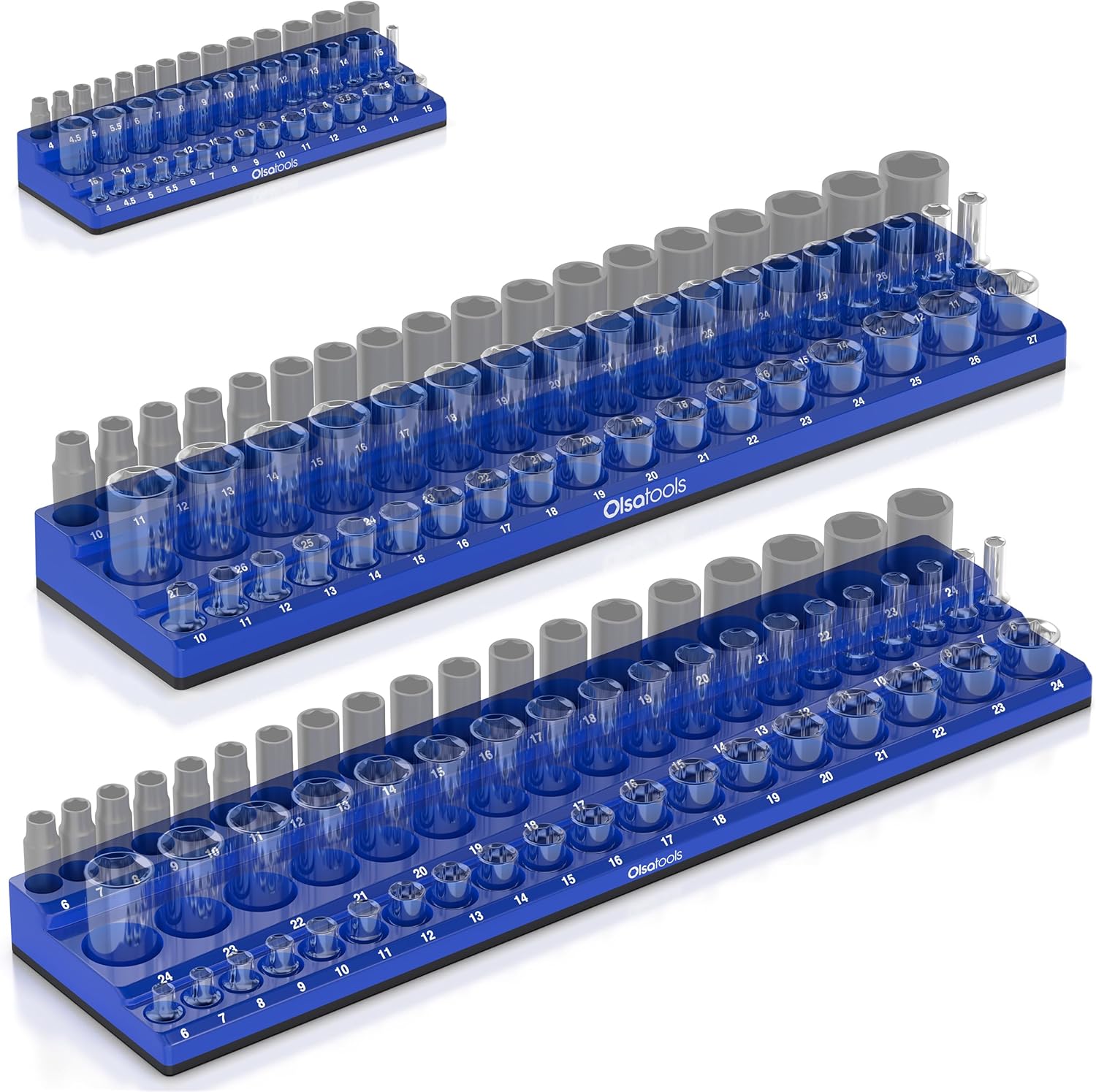 Magnetic Socket Organizer for Toolboxes - 3-Row Holder Kit