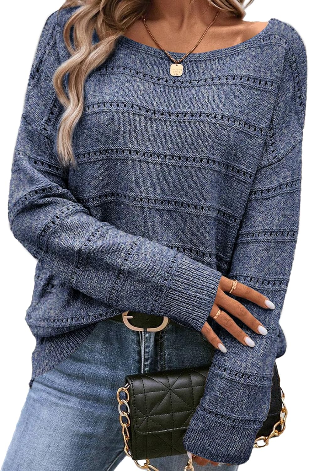 SHEWIN Women's Lightweight Knit Boat Neck Crochet Sweater