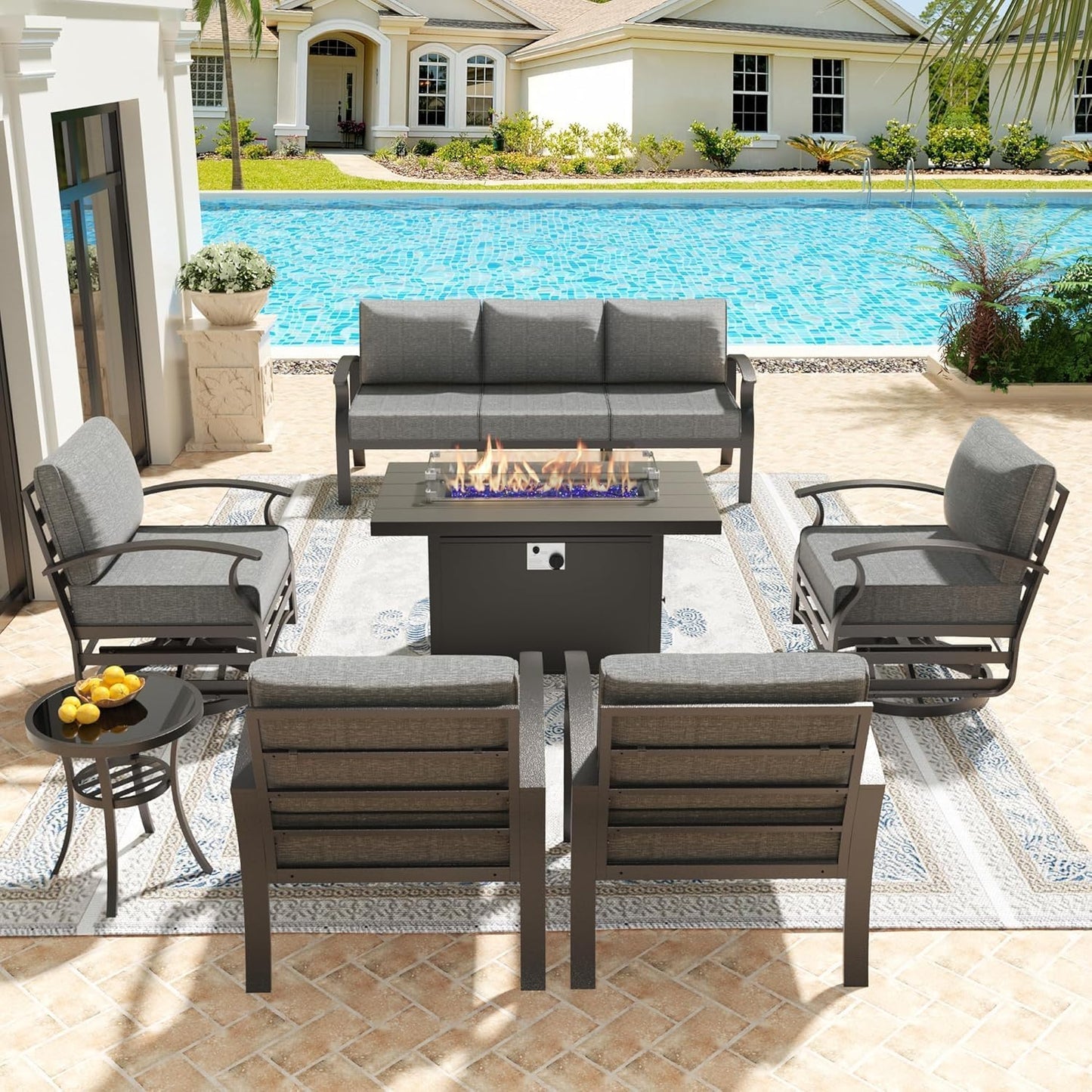 Kullavik Aluminum Patio Furniture Set with Fire Pit and Swivels