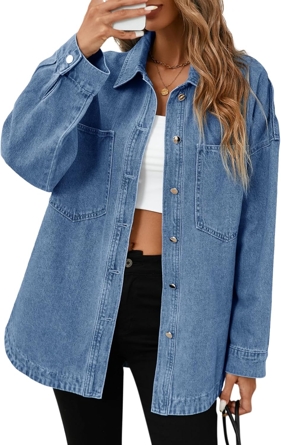 Oversized Denim Shirt Jacket for Women - Casual Jean Shackets
