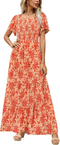 Kranda Women 2025 Crewneck Smocked Floral Maxi Dress - Flattering Fit