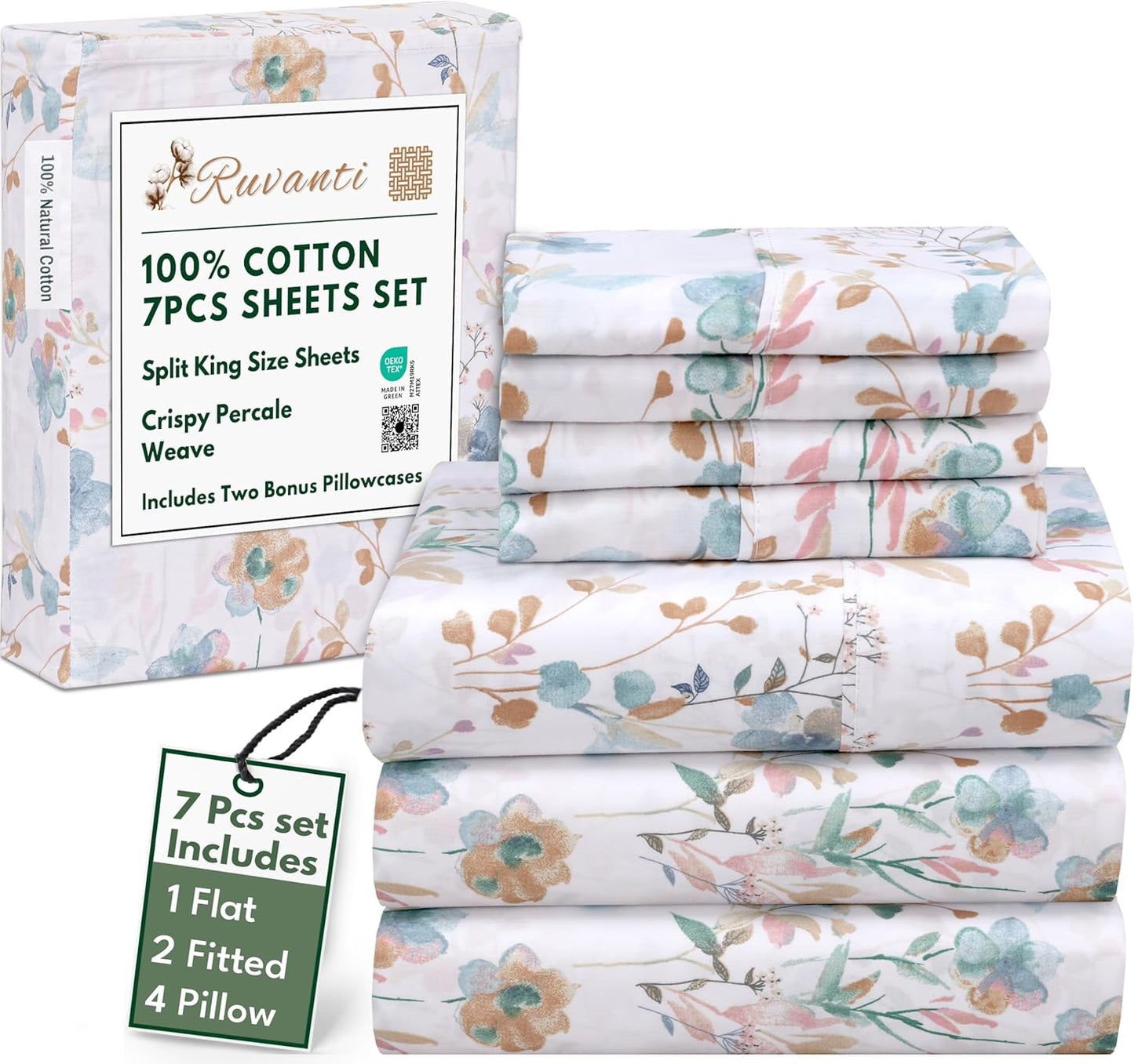 Crispy Percale Bed Sheets Set for Adjustable Beds - 7 Pcs