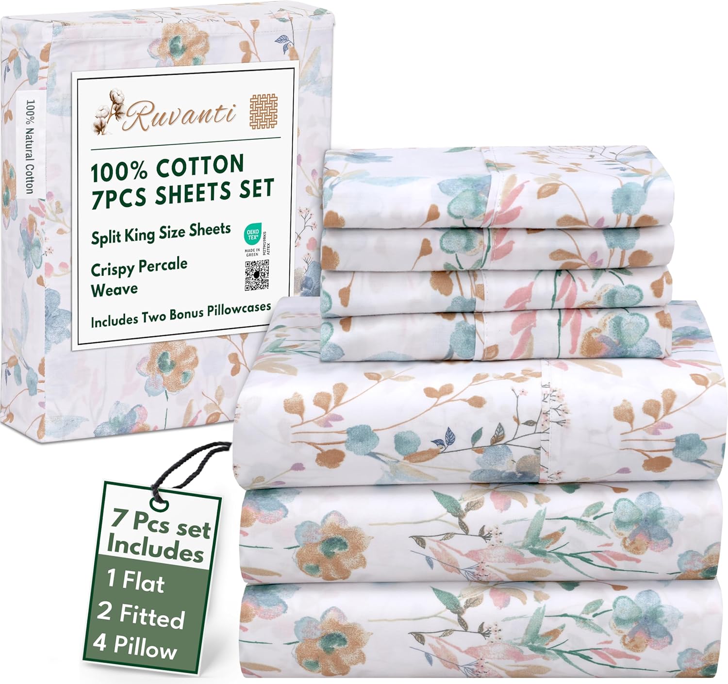 Crispy Percale Bed Sheets Set for Adjustable Beds - 7 Pcs