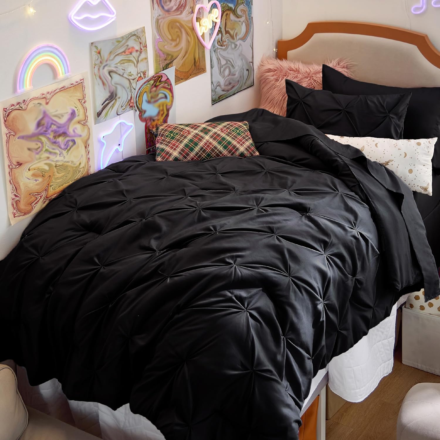 Bedsure Twin Comforter Set Black - 5 Piece Pintuck Bedding Set
