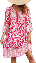 Womens Rayon V Neck 3/4 Sleeve Boho Floral Mini Dress - Breezy