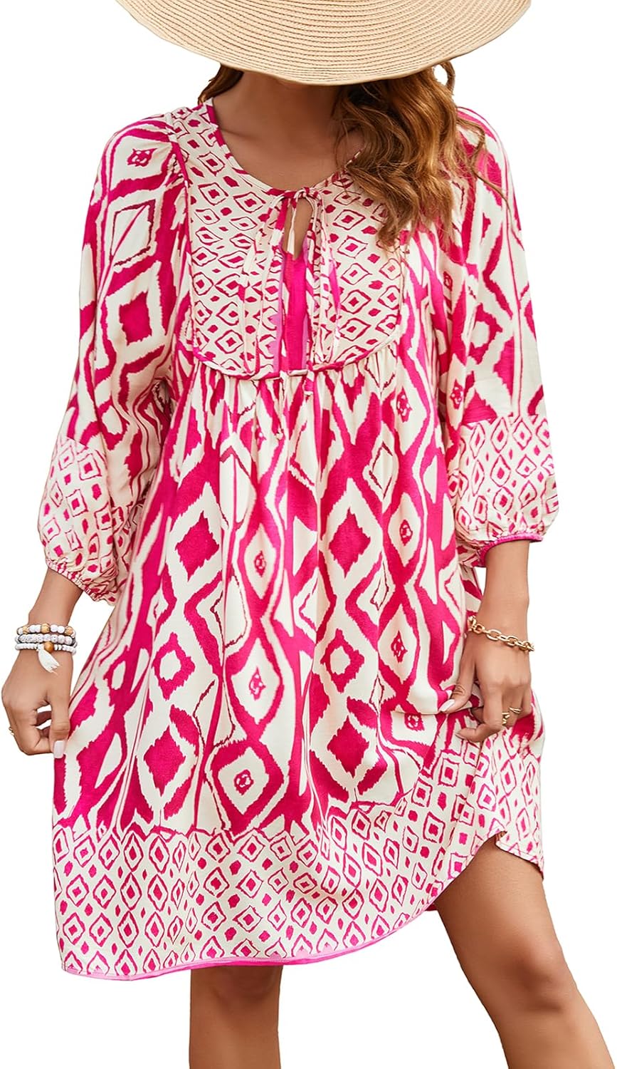 Qearal Womens Casual V Neck Boho Floral Mini Summer Dress