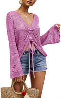 Boho Off Shoulder Sheer Crop Top Bell Sleeve - Flowy Crochet