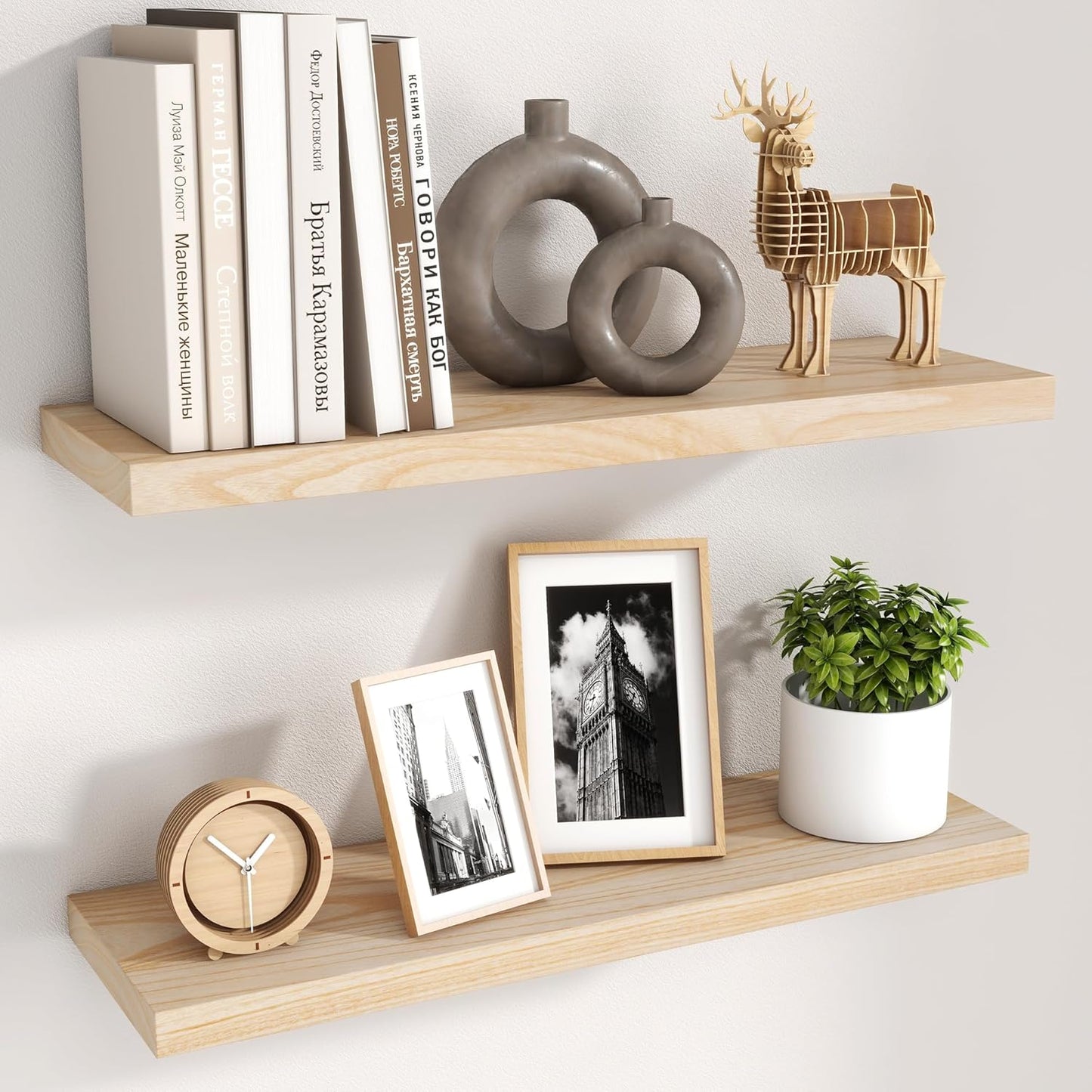 Natural Wood Floating Shelves for Wall - 24 Inch Set of 2
