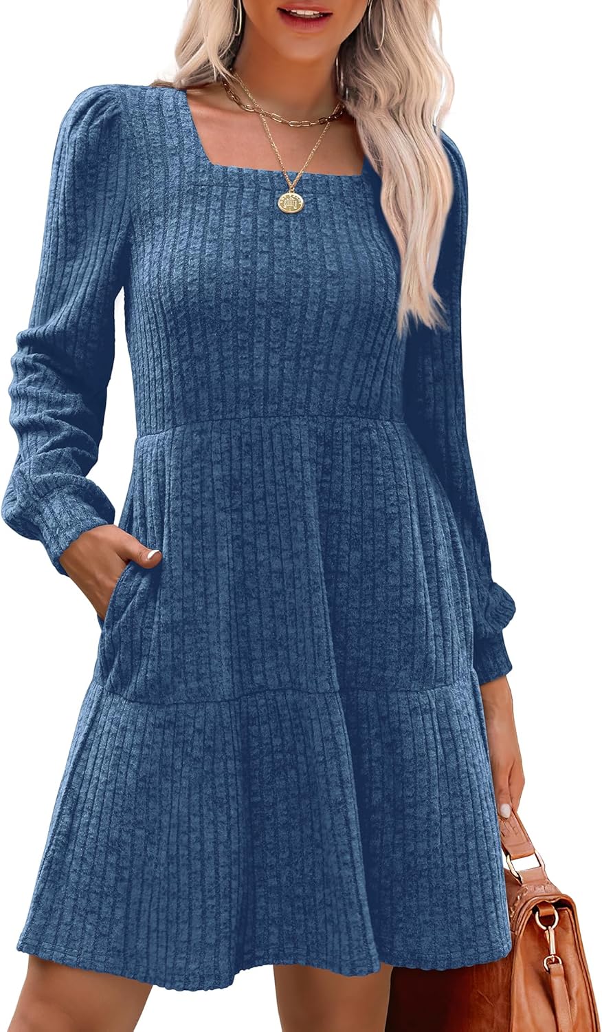 Stylish Womens Square Neck Long Sleeve Fall Dresses for Comfort