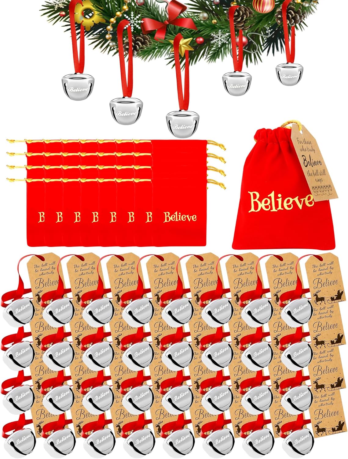 72PCS Christmas Believe Bell Ornaments for Festive Decor