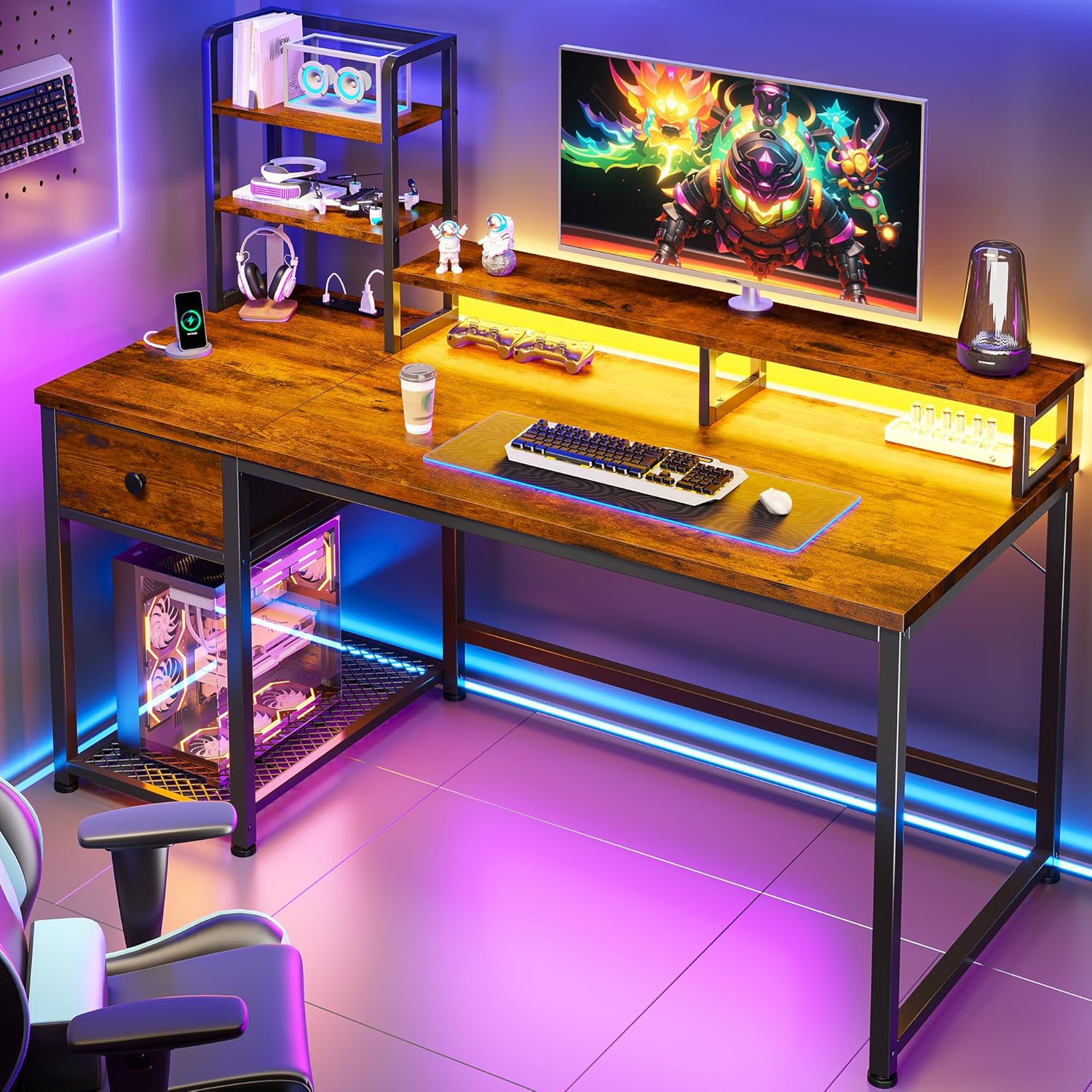 EnHomee Gaming Desk: LED Lights, Power Outlets, Storage