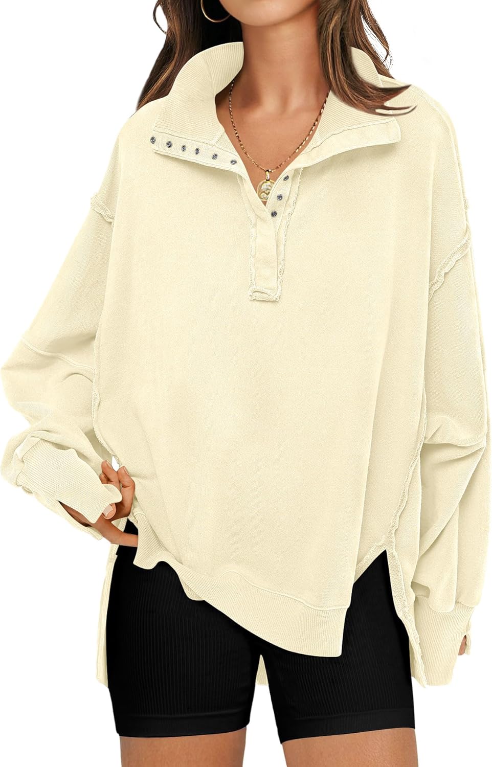 Trendy Oversized Sweatshirt for Women with Button Henley Neck
